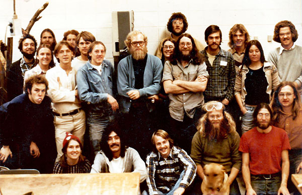 Larry Frye and his string instrument repair program students, 1976