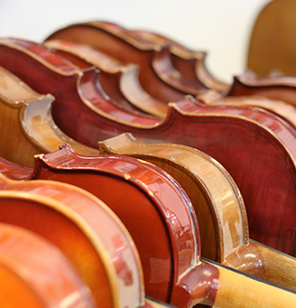 Several violins set in a row